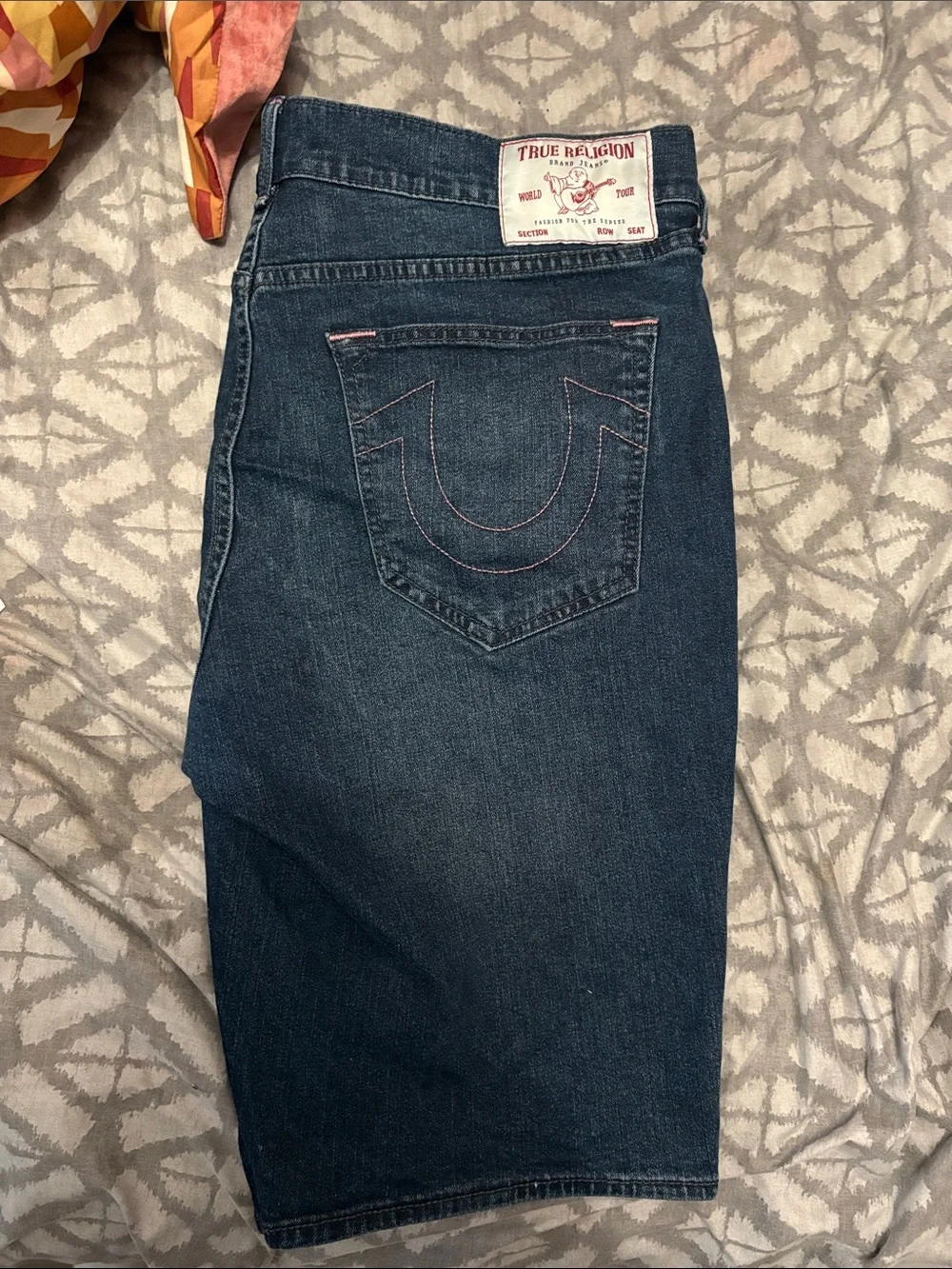 True Religion Dark Indigo Denim Shorts with Pink Stitching
